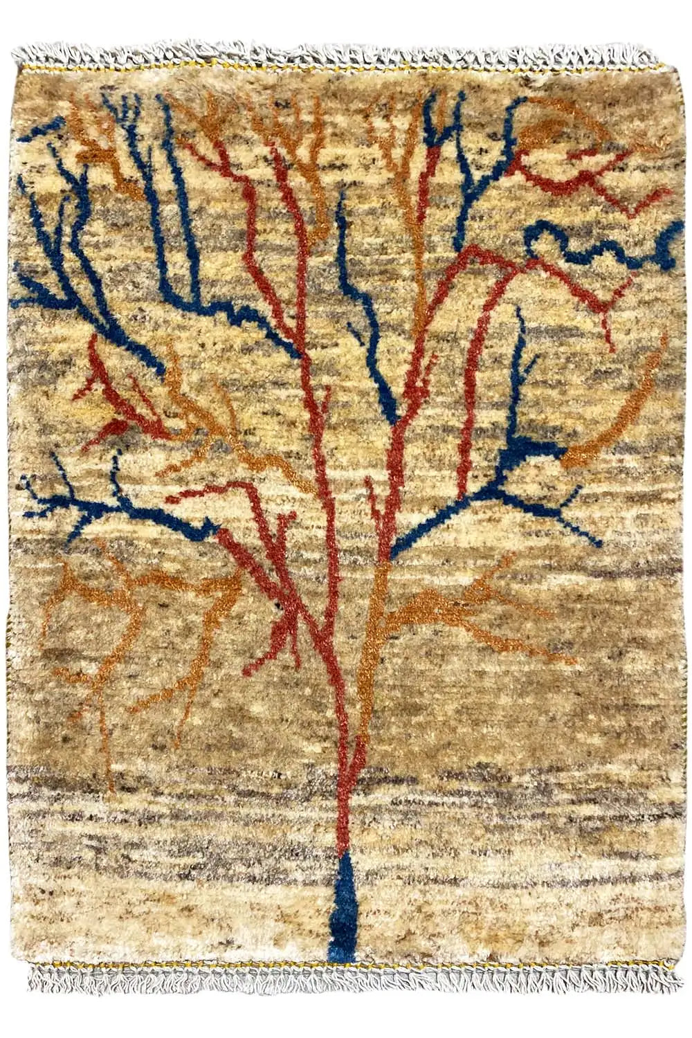 Gabbeh Lori rug (86x61 cm) with a tree motif, beige background, colorful lines, and fringes.
