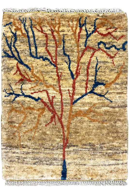 Gabbeh Lori rug (86x61 cm) with a tree motif, beige background, colorful lines, and fringes.