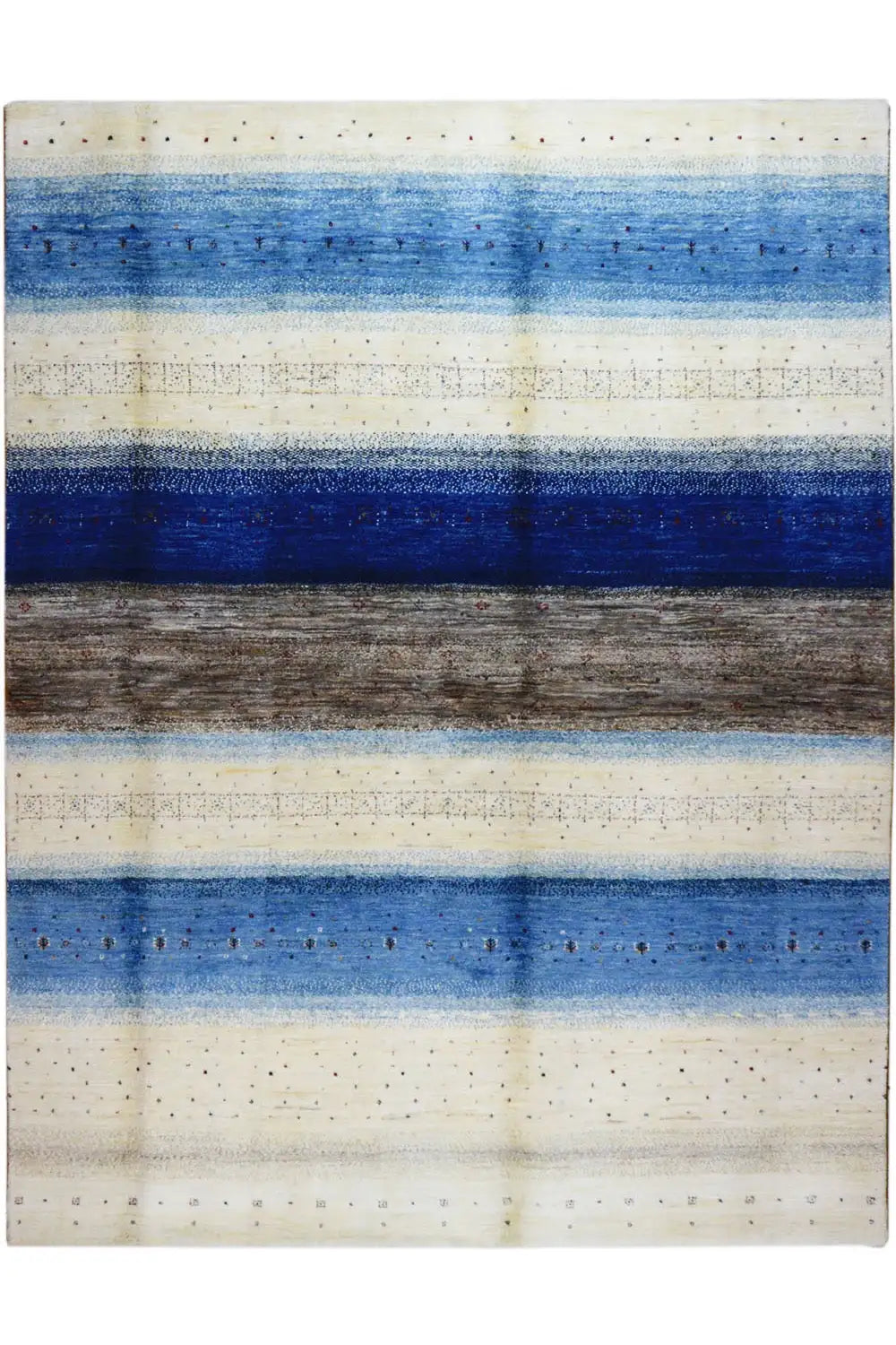 Gabbeh Lori rug with horizontal stripes in blue, gray, and beige, with a fine pattern.