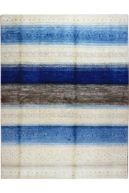 Gabbeh Lori rug with horizontal stripes in blue, gray, and beige, with a fine pattern.