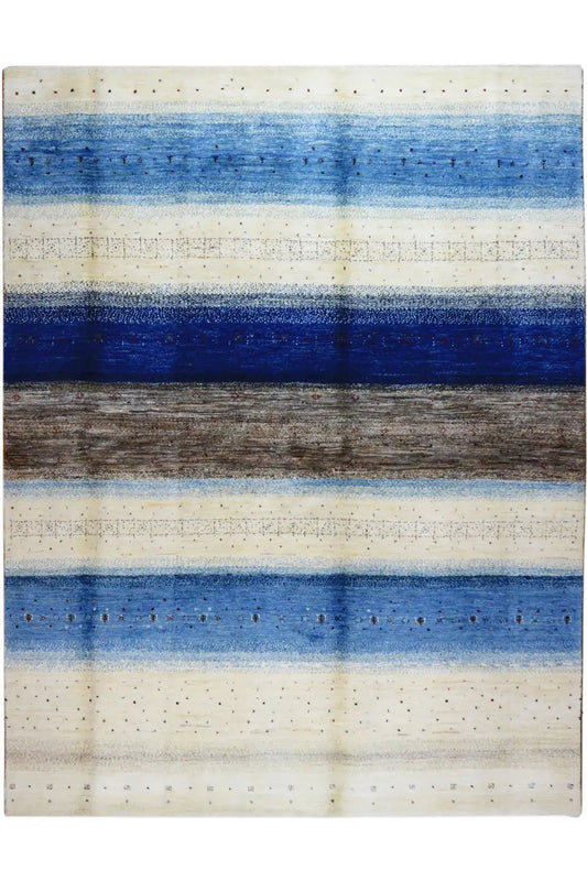 Gabbeh Lori rug with horizontal stripes in blue, gray, and beige, with a fine pattern.