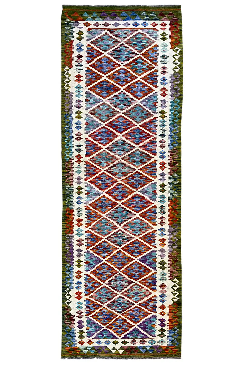 Afghan kilim runner with a geometric pattern, multicolored woven rug