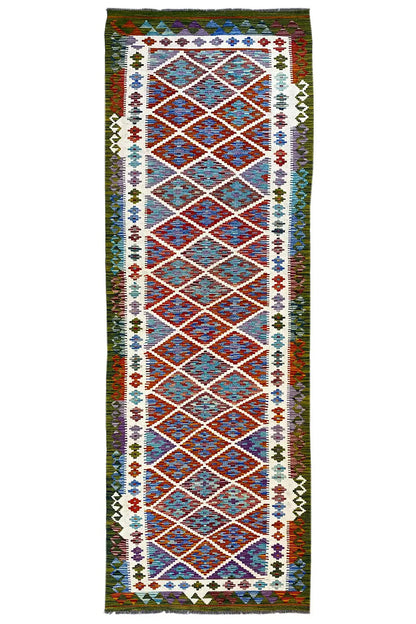 Afghan kilim runner with a geometric pattern, multicolored woven rug