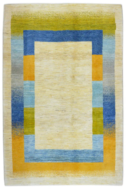Gabbeh rug 195x150 cm with central square and border pattern, blue, green, yellow