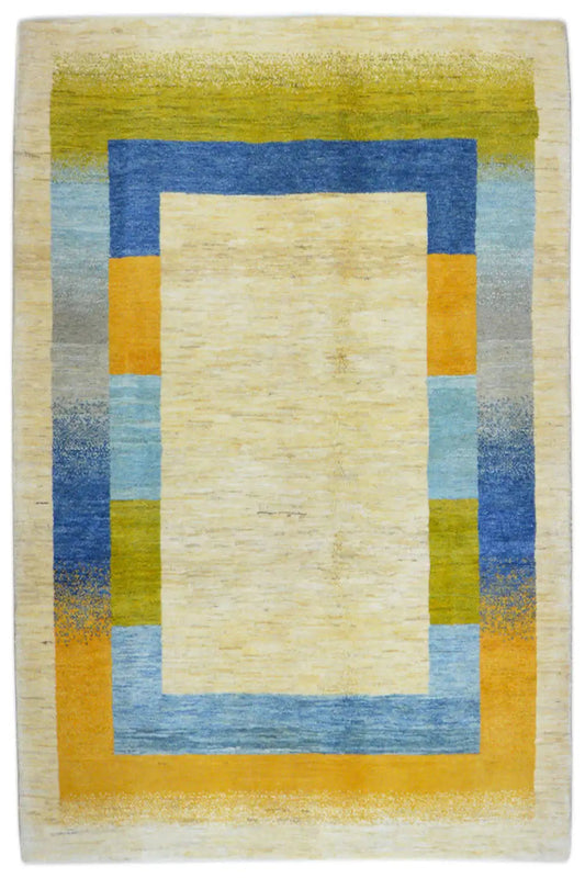 Gabbeh rug 195x150 cm with central square and border pattern, blue, green, yellow