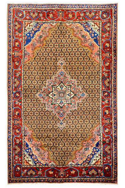 Rectangular oriental rug with a red, blue, and beige pattern and border