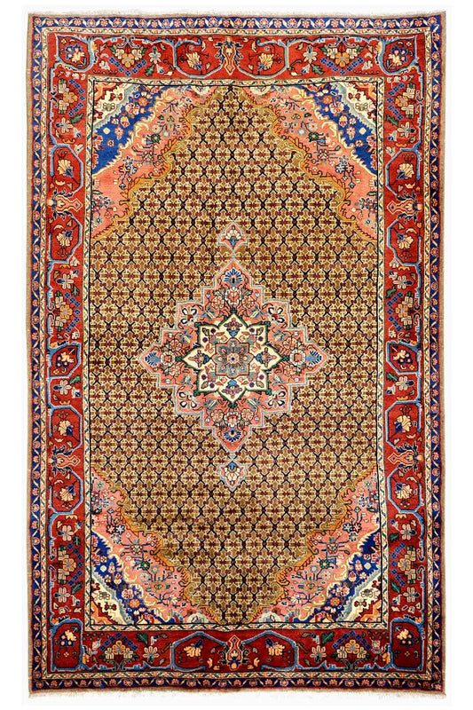 Rectangular oriental rug with a red, blue, and beige pattern and border