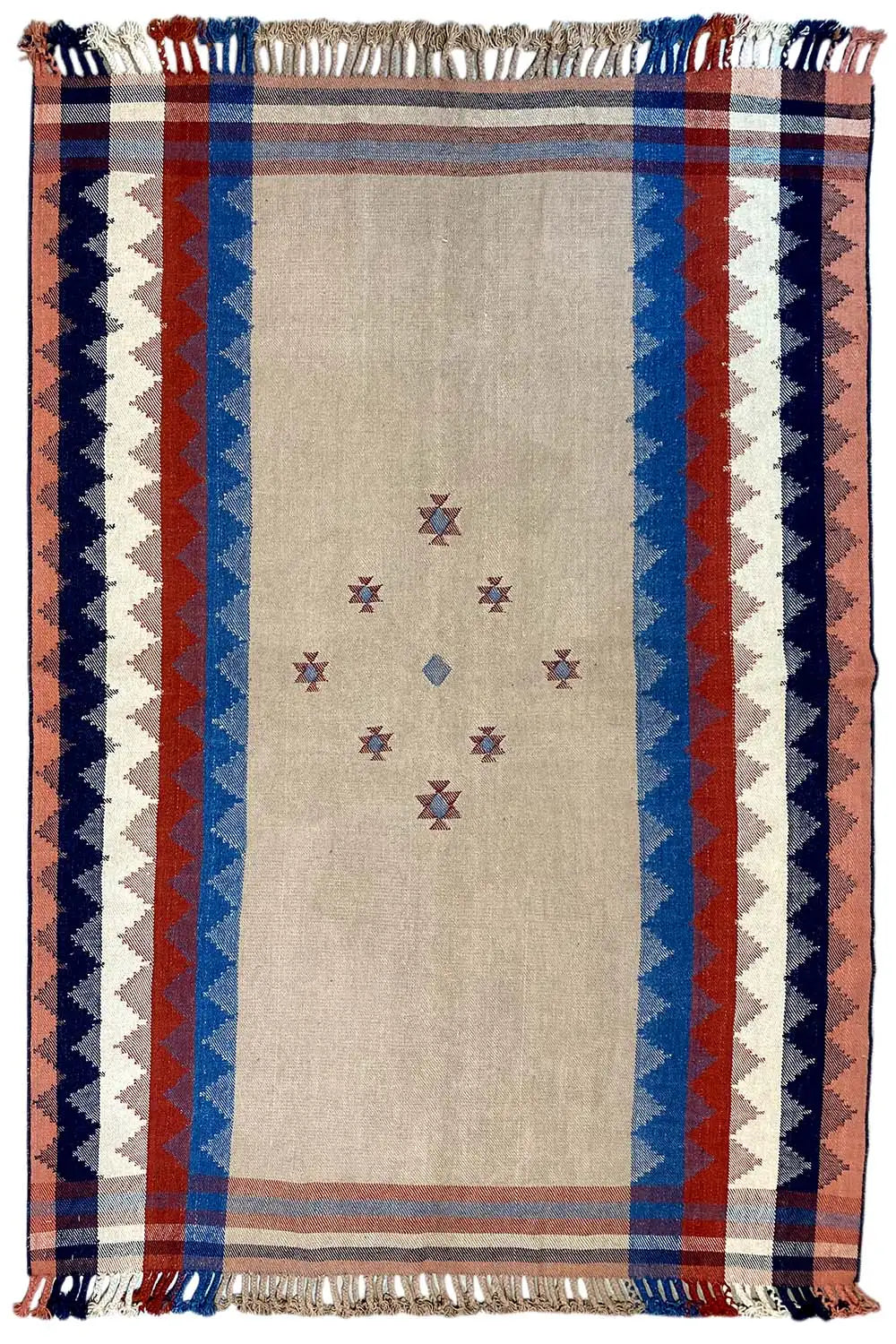 Rectangular rug with a beige surface and a small pattern, wide stripes, and fringes
