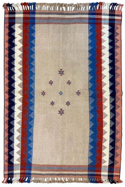 Rectangular rug with a beige surface and a small pattern, wide stripes, and fringes