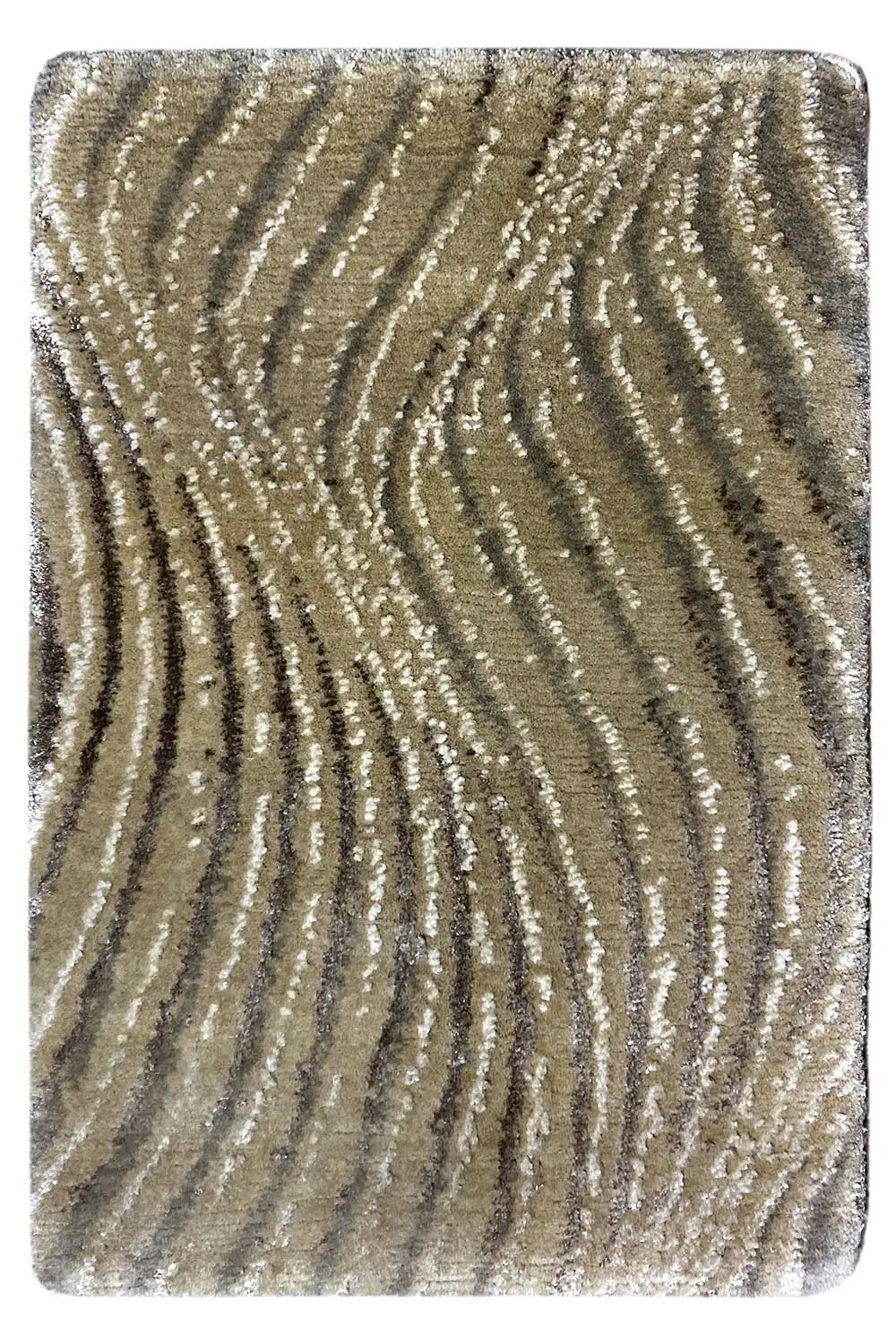 Square rug with beige and silver-gray wavy lines and a glossy surface.