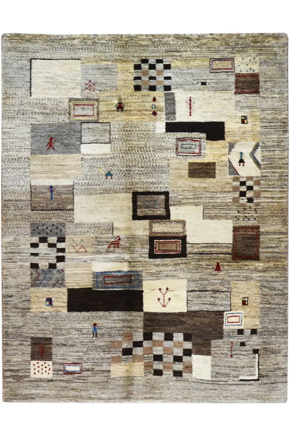 Rug with an abstract geometric pattern in gray, beige, black, and brown