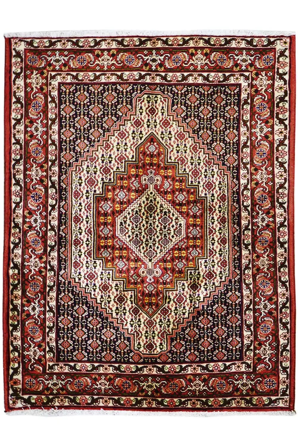 Carpet with a red border, dark blue background, and central medallion with ornaments