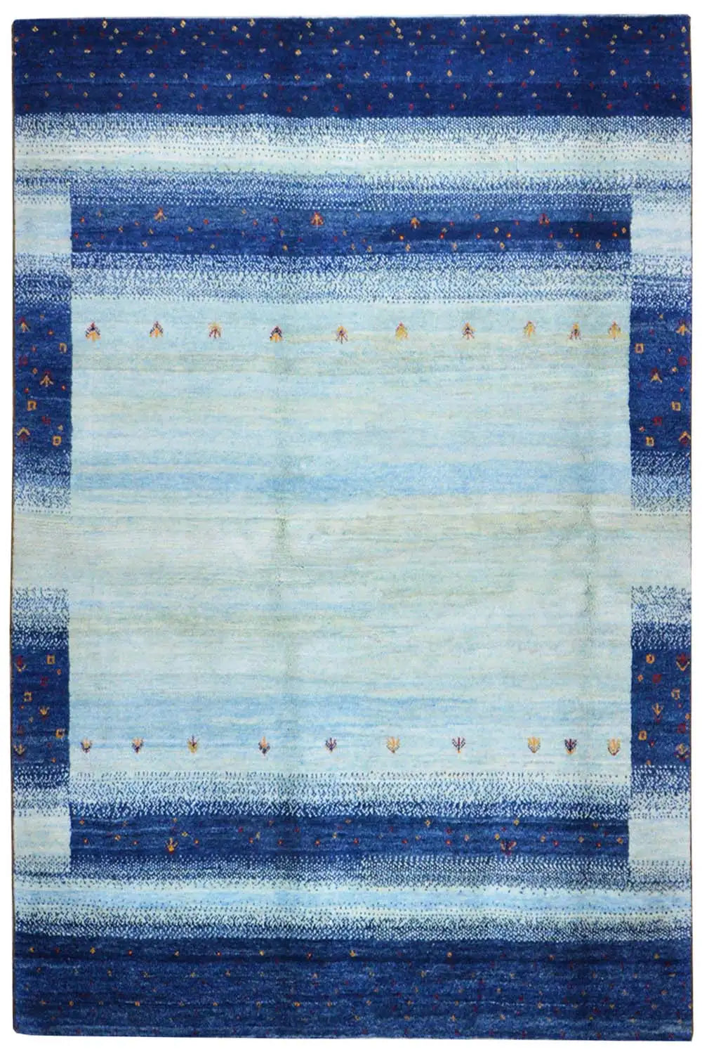 Gabbeh rug, blue-light beige pattern with central band, border stripes, and dots