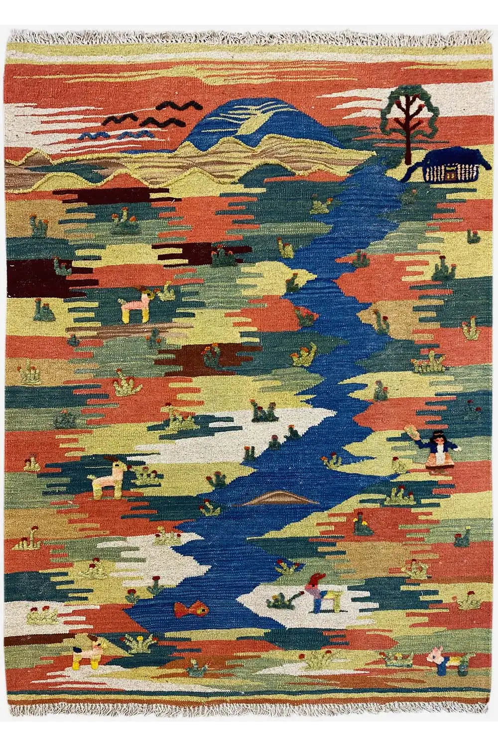 Kilim Qashqai rug with landscape, trees and figures, multicolored, rectangular