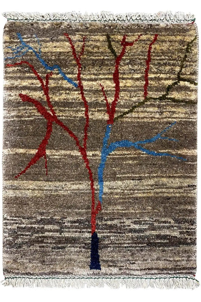 Square rug with a red-and-blue tree motif, brown-and-beige stripes, and fringes