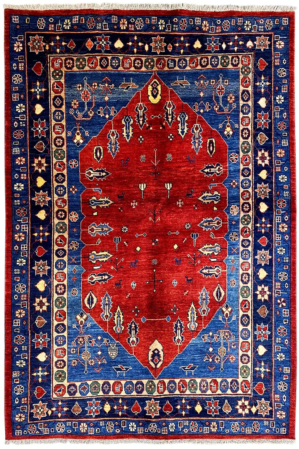 Carpet with a red center and blue border, stylized ornament and edging