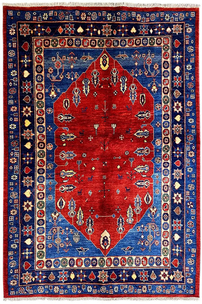 Carpet with a red center and blue border, stylized ornament and edging