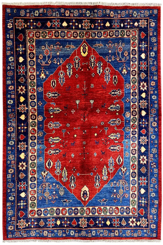Carpet with a red center and blue border, stylized ornament and edging