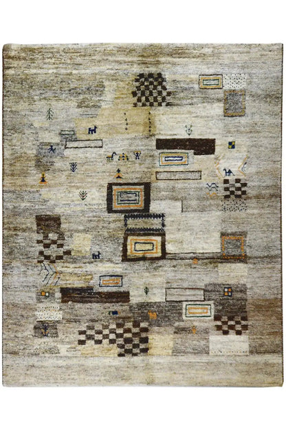 Gabbeh rug (193x156 cm) with a geometric pattern in gray, beige, and blue