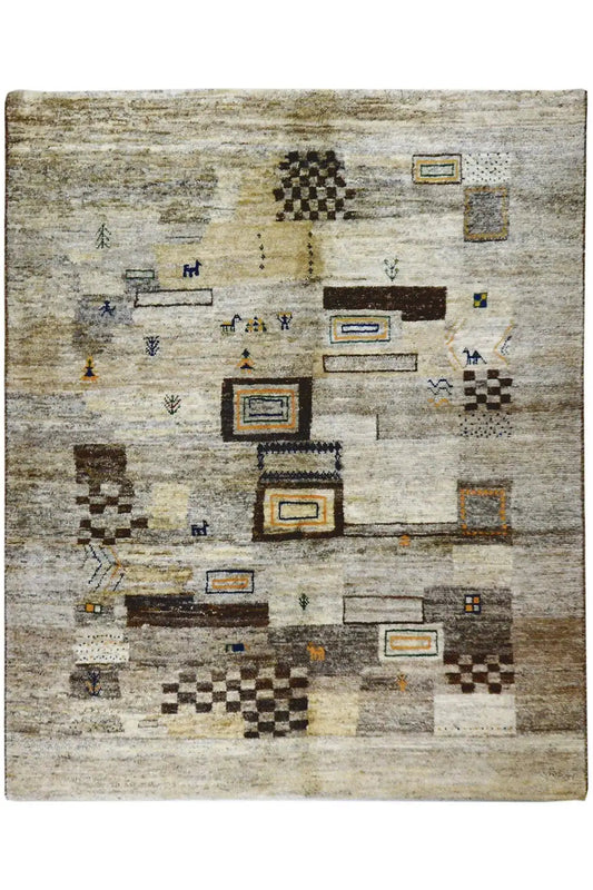 Gabbeh rug (193x156 cm) with a geometric pattern in gray, beige, and blue