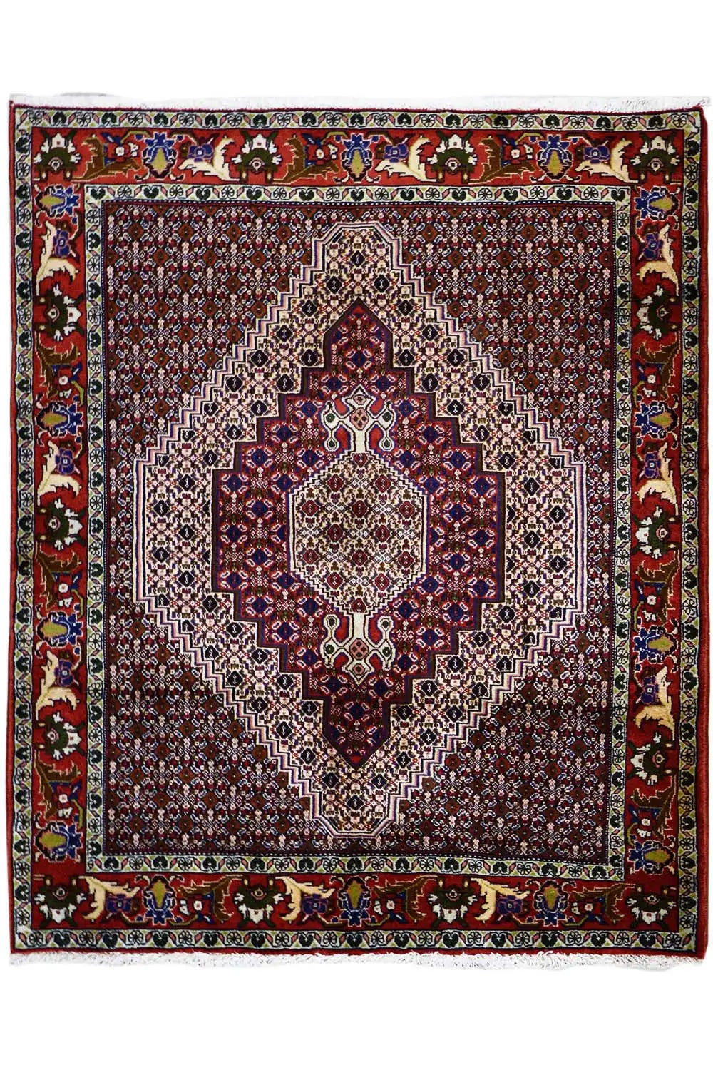 Hamadan rug with borders and a light medallion pattern, striped in dark red and multicolored tones