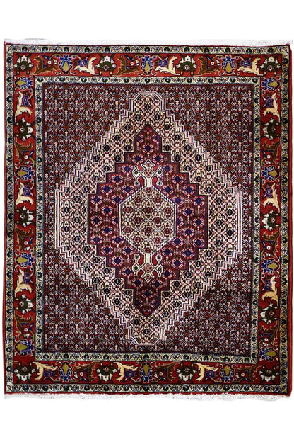 Hamadan rug with borders and a light medallion pattern, striped in dark red and multicolored tones