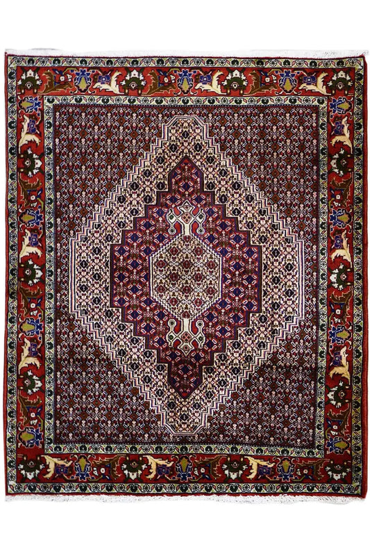 Hamadan rug with borders and a light medallion pattern, striped in dark red and multicolored tones