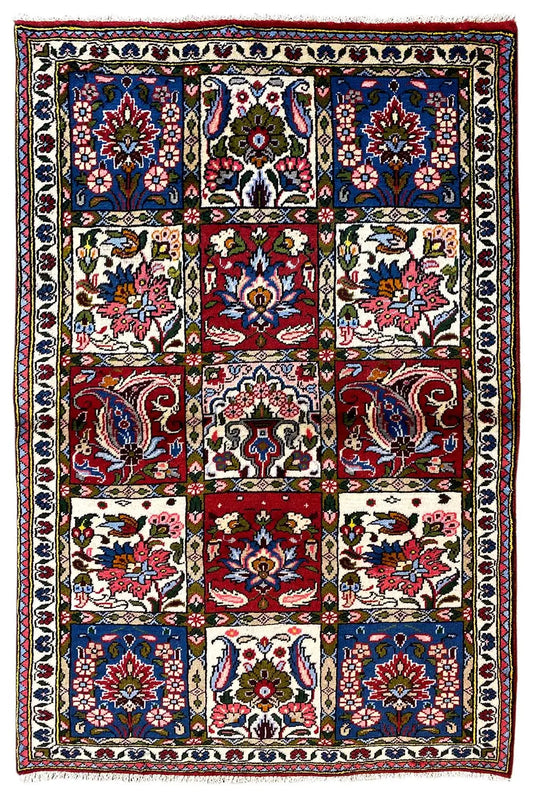 Bakhtiari rug 148x100 cm with border and tile motifs in blue, red, and cream
