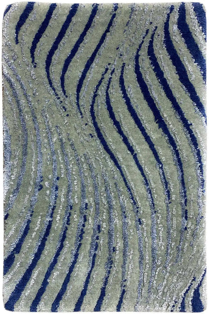 Designer rug with a light gray background and dark blue, wavy stripes, rectangular
