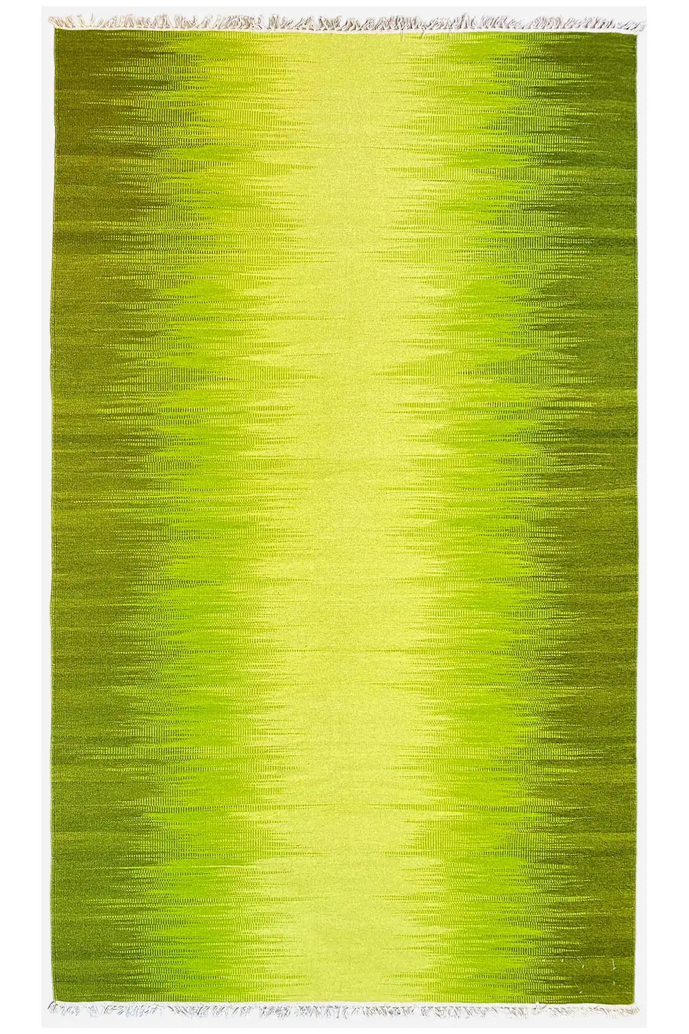 Green kilim rug with an even flat weave and white fringed edge