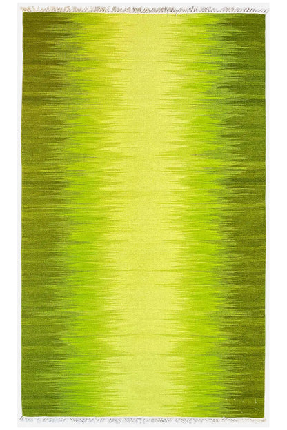 Green kilim rug with an even flat weave and white fringed edge