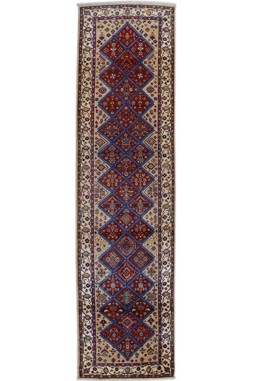 Oriental rug with a rectangular border and diamond ornaments in blue and red, beige