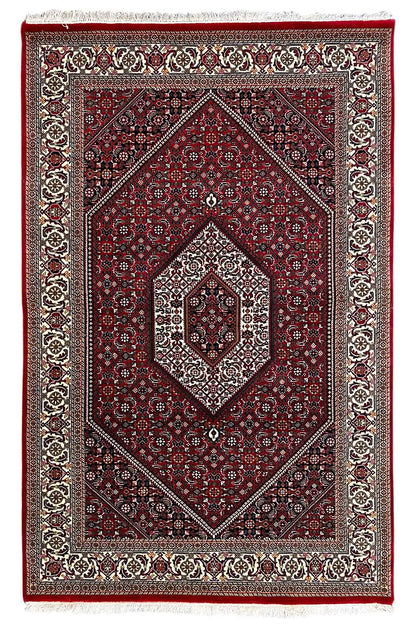 Bidjar rug with a red medallion design and decorative border in a framed look