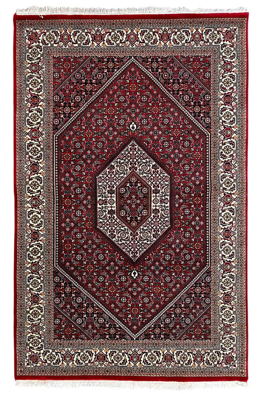 Bidjar rug with a red medallion design and decorative border in a framed look