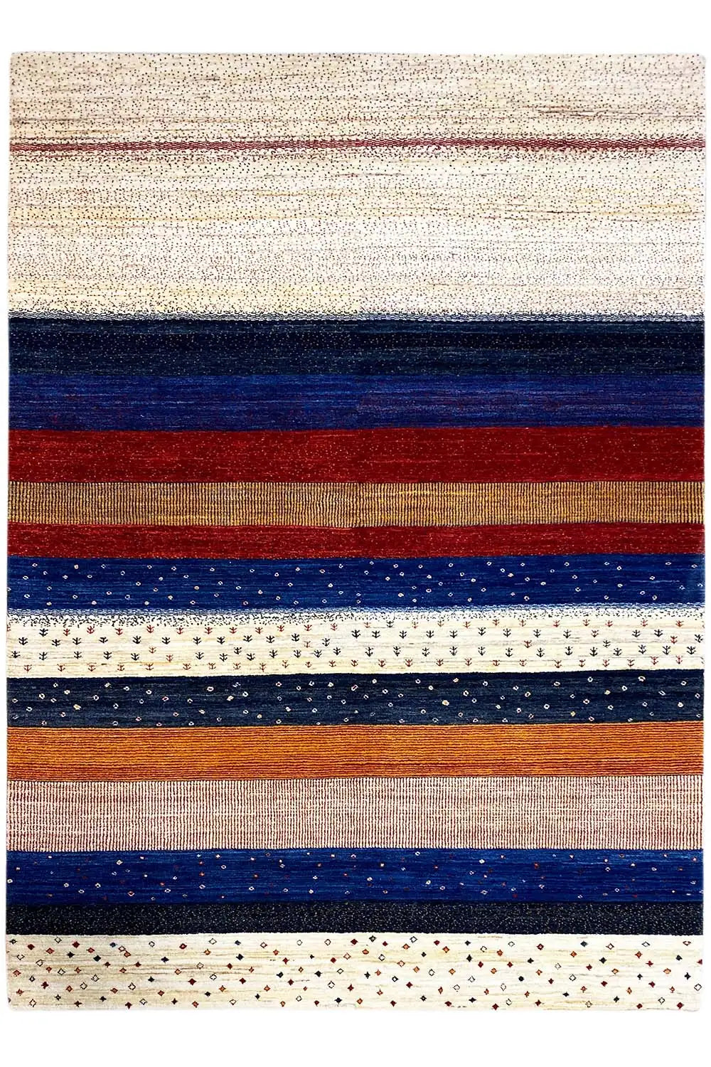 Gabbeh rug with horizontal stripes in cream, blue, red, and brown, featuring a dotted pattern