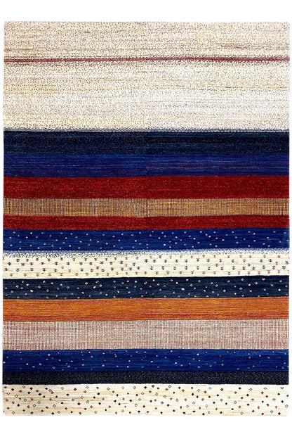 Gabbeh rug with horizontal stripes in cream, blue, red, and brown, featuring a dotted pattern
