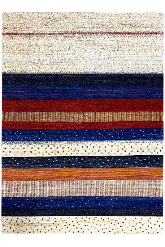Gabbeh rug with horizontal stripes in cream, blue, red, and brown, featuring a dotted pattern