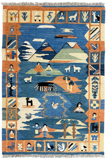 Qashqai kilim oriental rug 152x104 cm, blue landscape medallion with figures and animals
