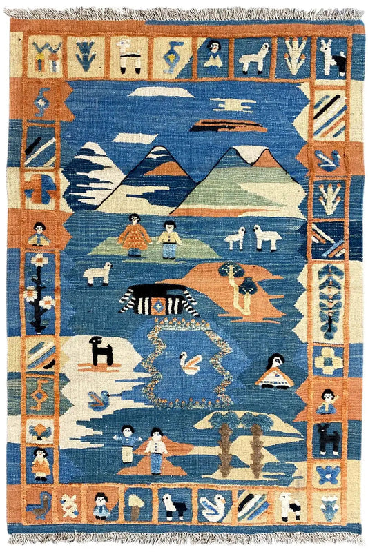Qashqai kilim oriental rug 152x104 cm, blue landscape medallion with figures and animals