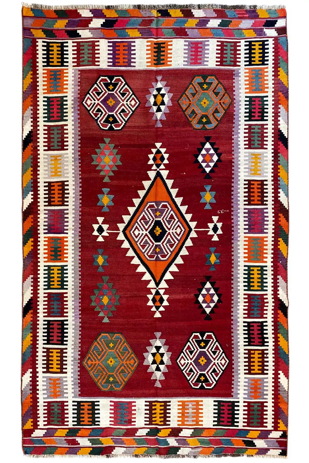 Kilim Qashqai rug, red background with colorful diamond motifs and a multicolored border