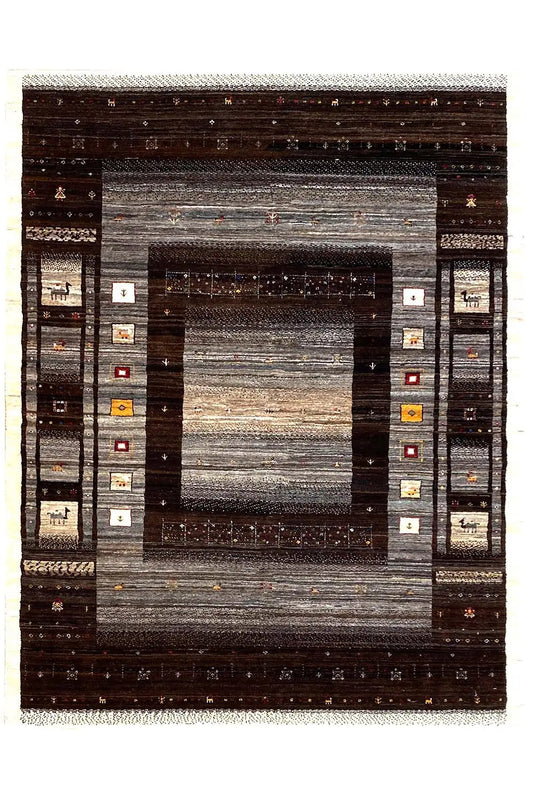 Gabbeh rug with a rectangular border and medallion, dark brown and gray areas