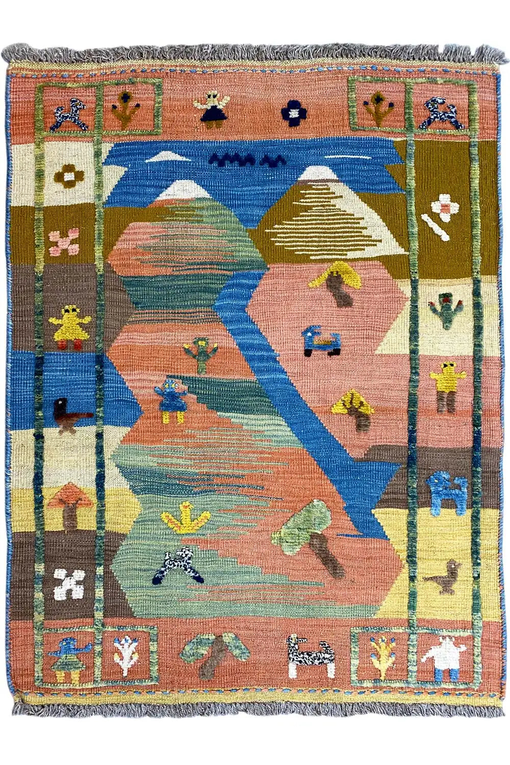 Kilim Qashqai rug with a geometric pattern in blue, orange, green and beige, fringes