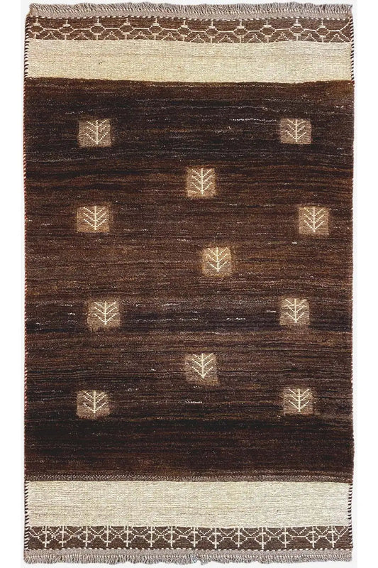 Gabbeh rug (163x92 cm), dark brown with light ornamental motifs and a wide border