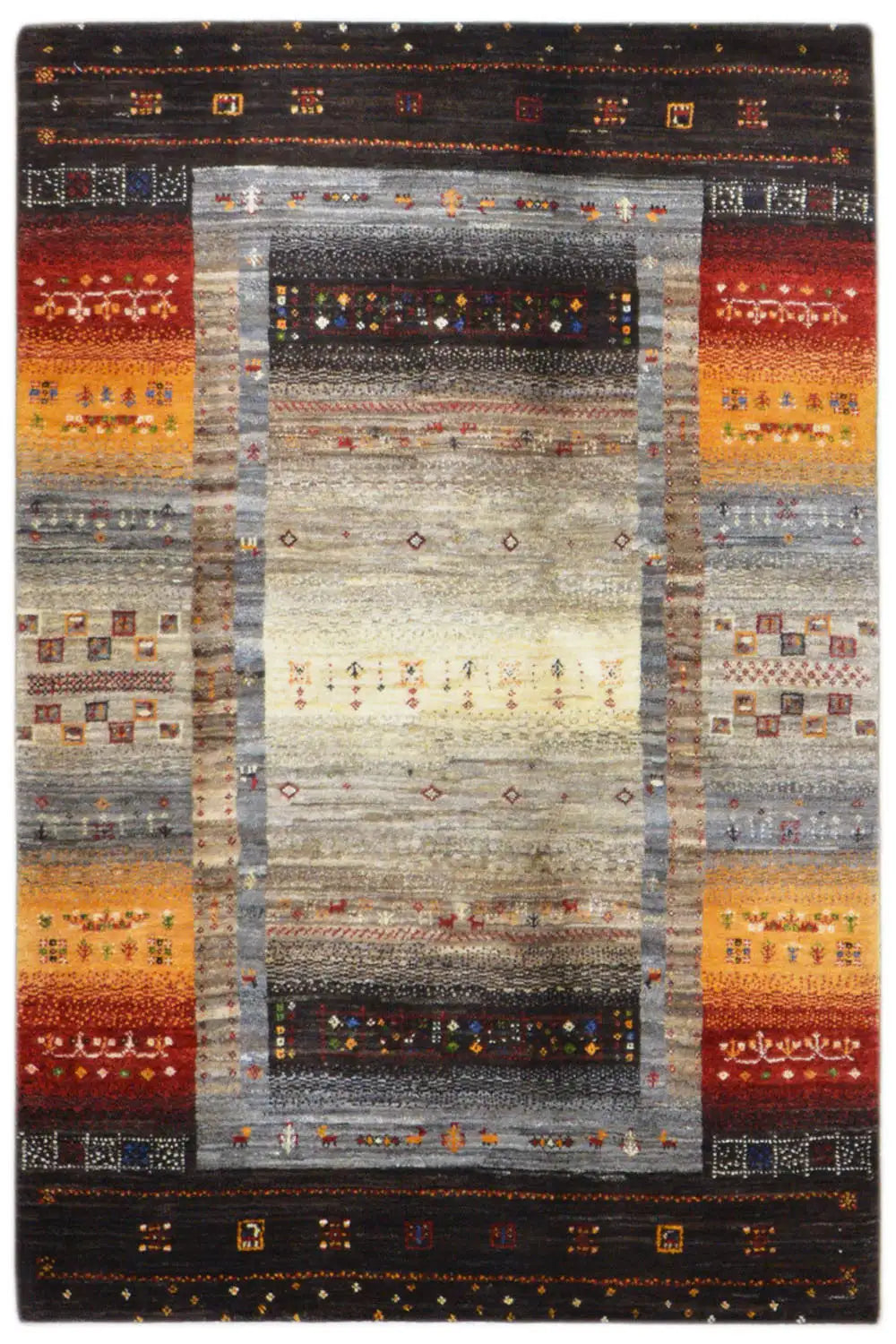 Gabbeh rug with a broad border pattern and a light central motif, black-brown edge