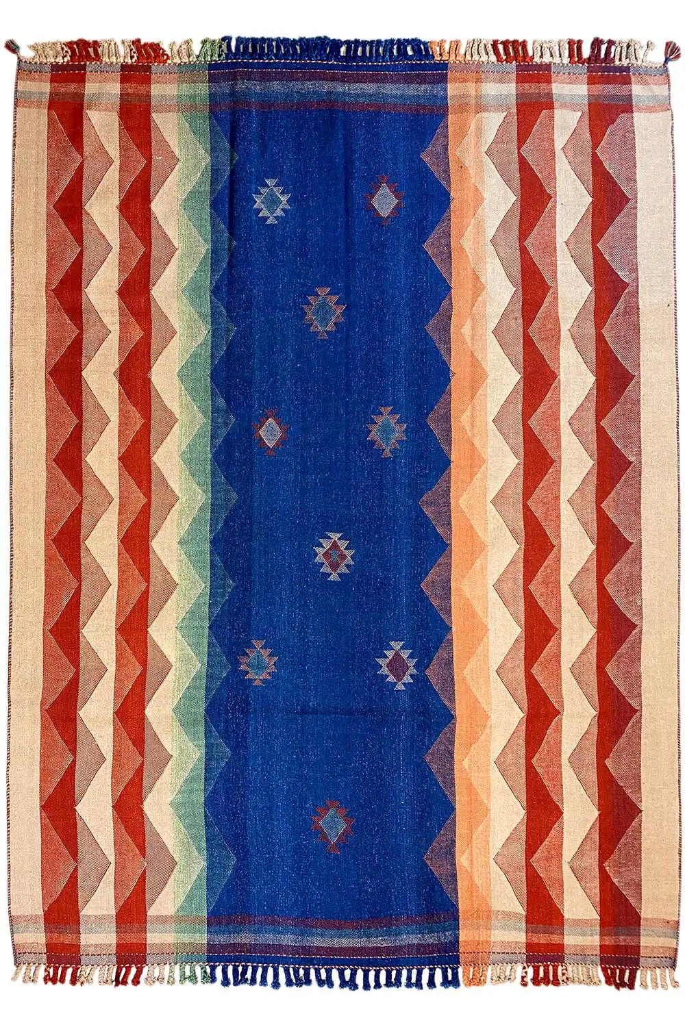 Jajim exclusive rug with a blue central band and orange-beige side stripes