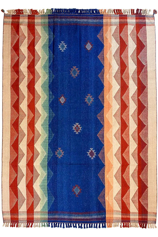 Jajim exclusive rug with a blue central band and orange-beige side stripes