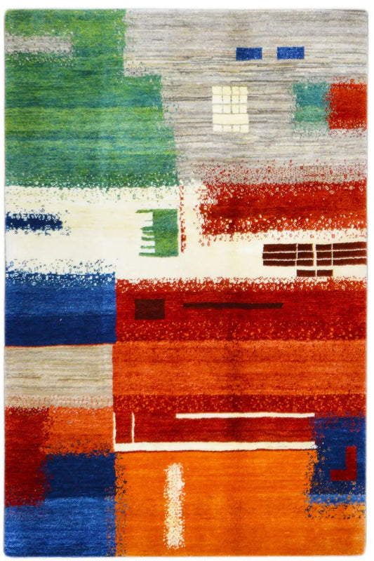 Gabbeh rug front view: red, green, blue and beige with an architectural pattern