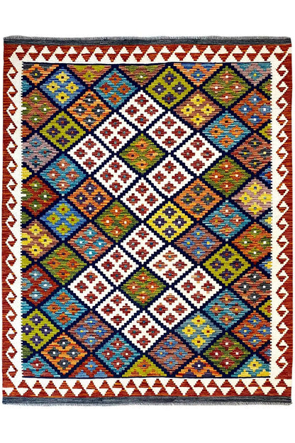 Rectangular Afghan kilim with diamond and cross pattern, red border