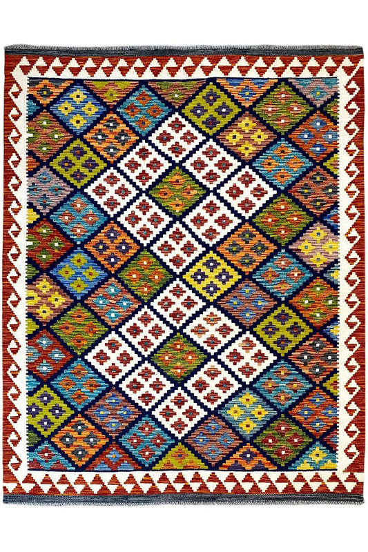 Rectangular Afghan kilim with diamond and cross pattern, red border