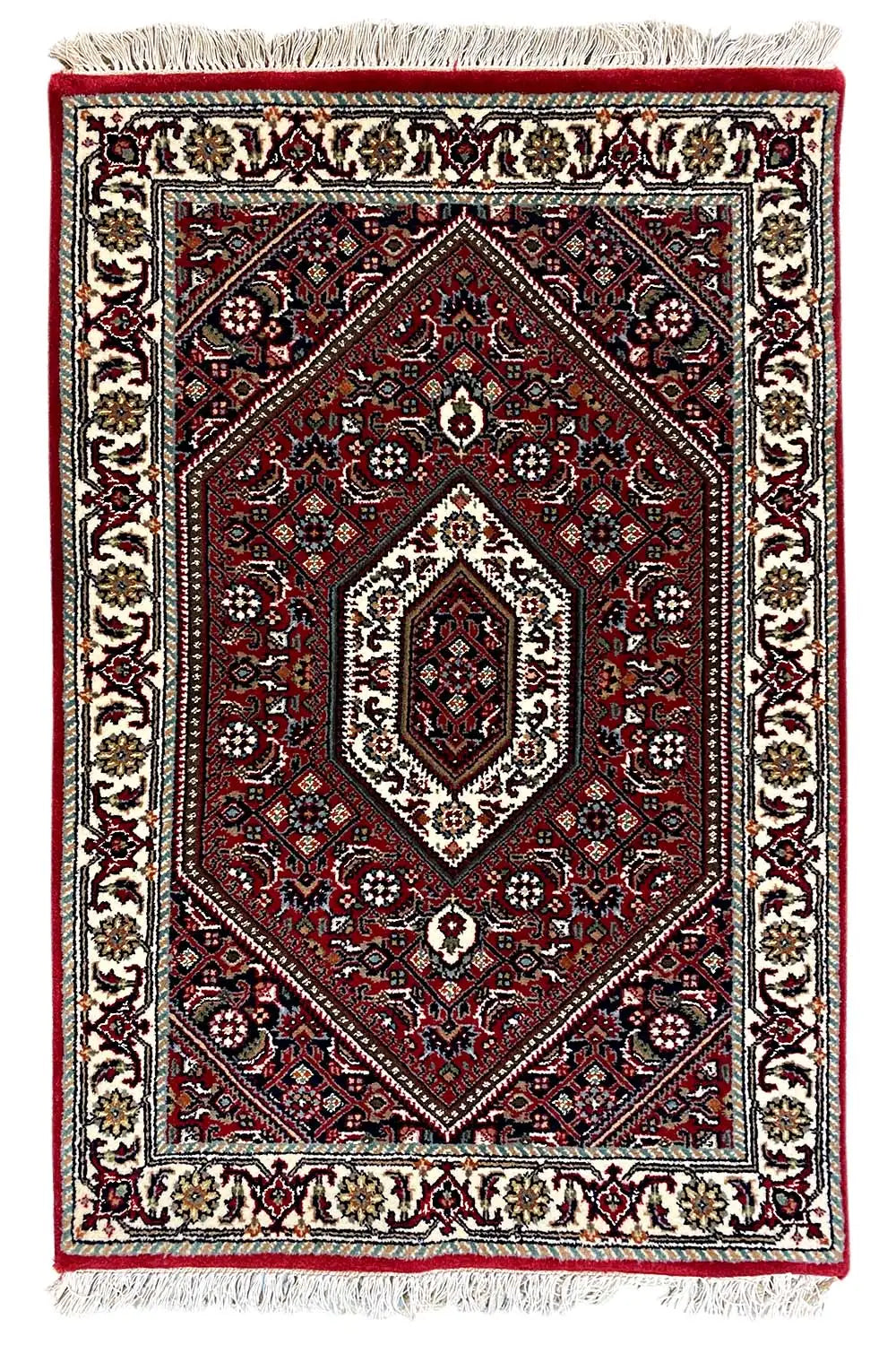Bidjar rug 93x62 cm, rectangular, red medallion, cream-colored border, fringes